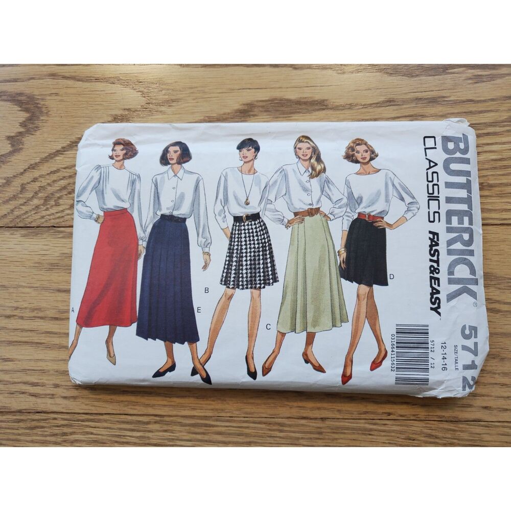 Butterick 5712 Sewing Pattern Size 12, 14, 16 Skirts Pleated Long Knee New Uncut